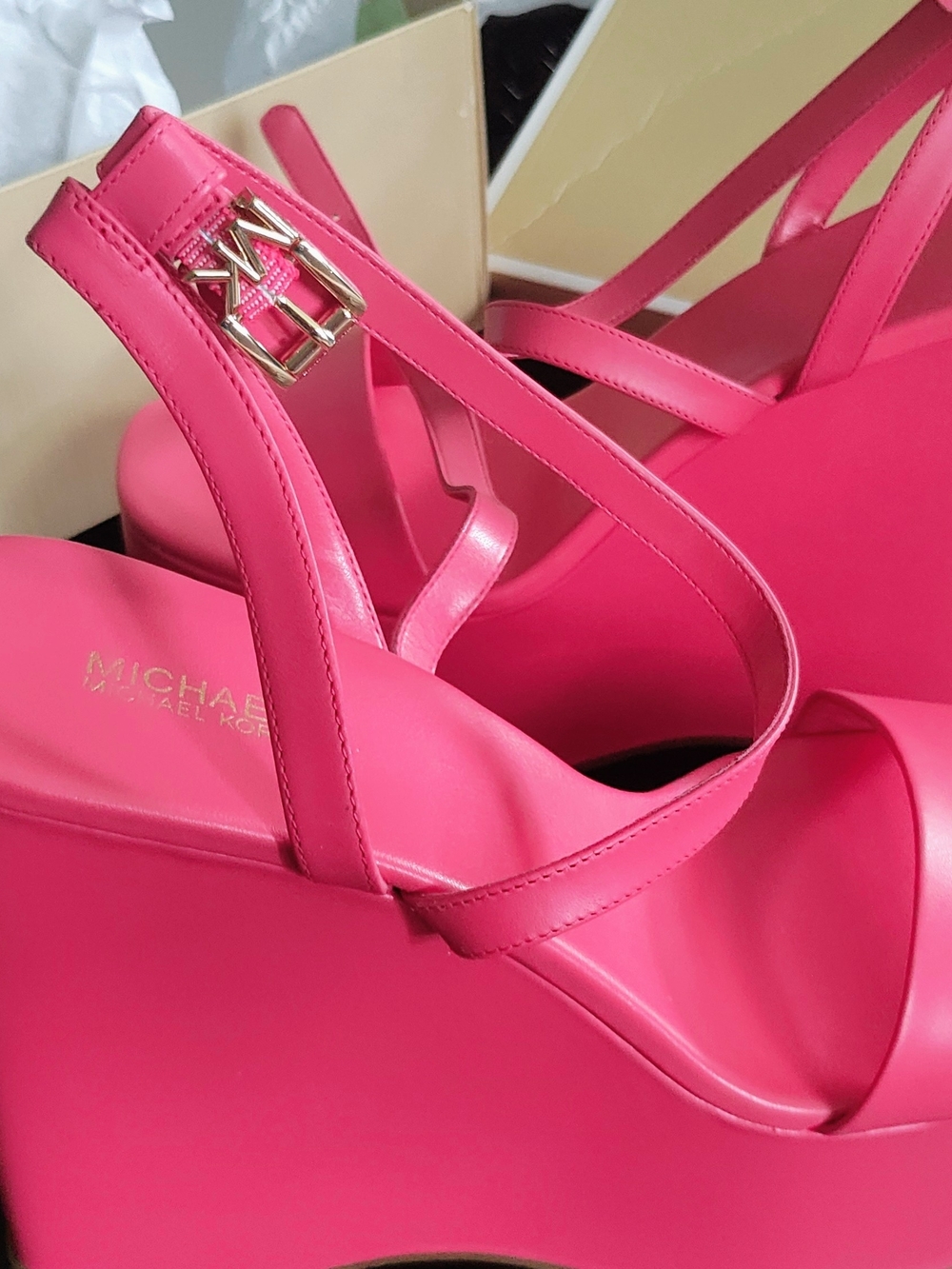 Michael Kors Hot Pink Wedge Sandals with Gold MK Buckle